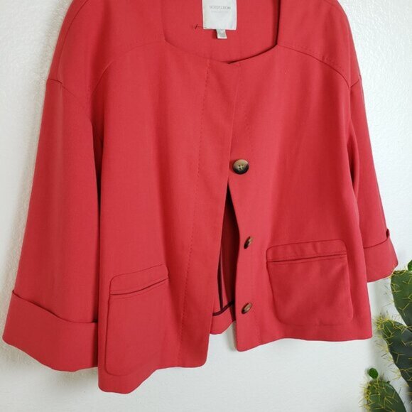 NWOT Nordstrom Collection Blazer Boxy Fit Coral Red sz L Square Neck 3/4 Sleeves - Picture 12 of 13